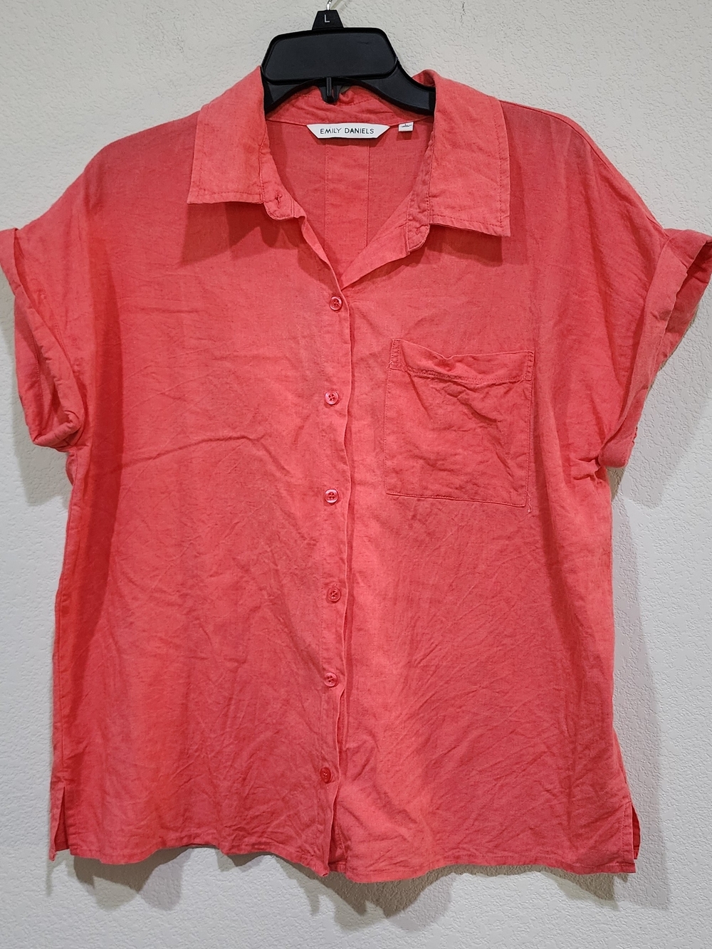 Emily Daniels Coral Pink Button-Front Linen Blend Short-Sleeve Shirt Size L